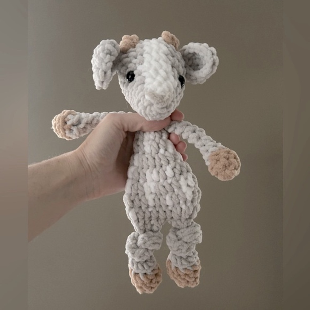 Handcrafted crochet goat knotted snuggler lovey
